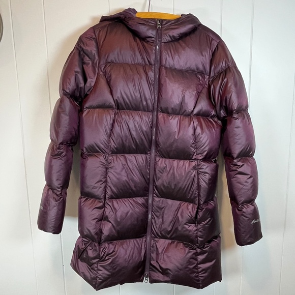 Eddie Bauer Luna Peak Down Puffer Parka Jacket Coat w/ Hood Eggplant Plum sz M - Picture 1 of 16